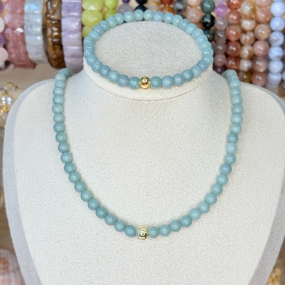 Artisan Jewelry - Blue Water Jade Bracelet & Necklace Set